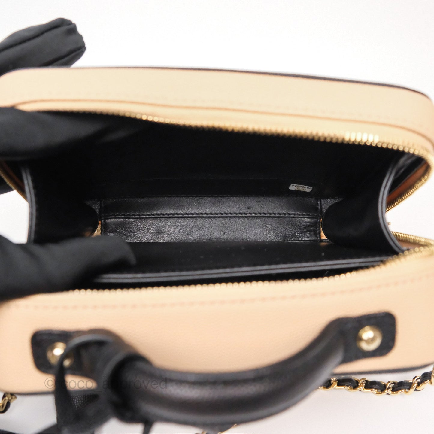 Chanel Quilted Small CC Filigree Vanity Case Black Beige Caviar Gold Hardware