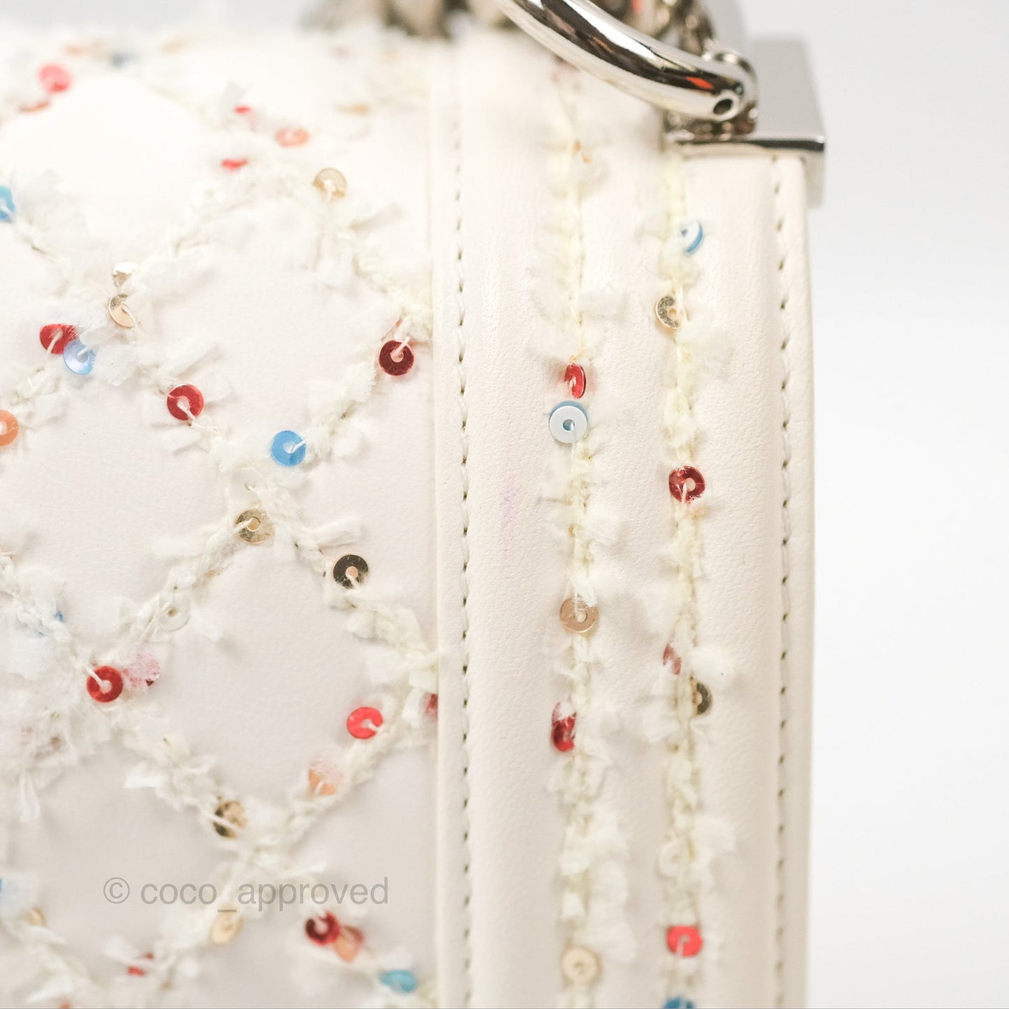 Chanel Medium Boy Sequins Quilted White Lambskin Silver Hardware