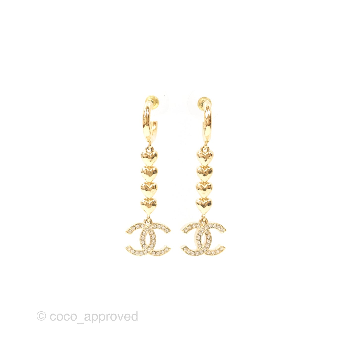Chanel Crystal CC Heart Drop Earrings Gold Tone 23P
