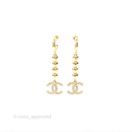 Chanel Crystal CC Heart Drop Earrings Gold Tone 23P