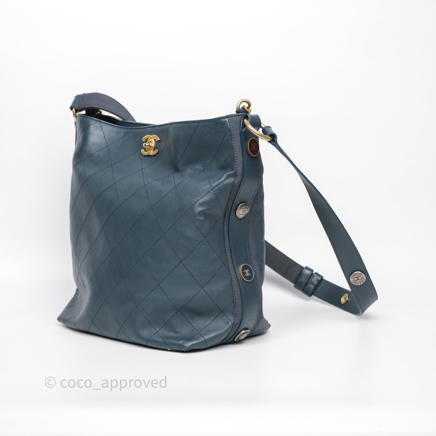Chanel Button Up Hobo Bag Quilted Teal Calfskin Aged Gold Hardware