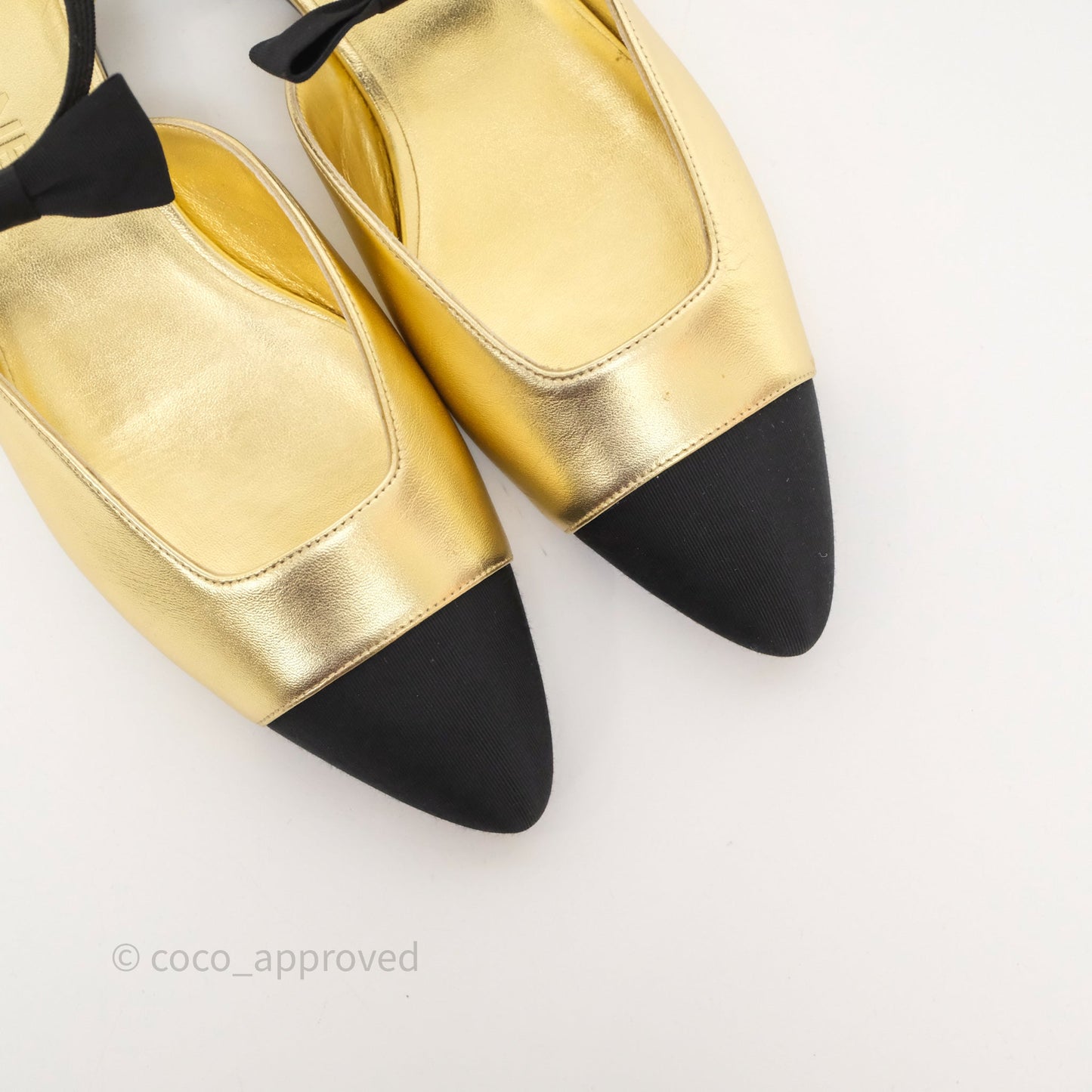 Chanel Bow Two-Tone Slingback Flats Gold/ Black Size 37.5