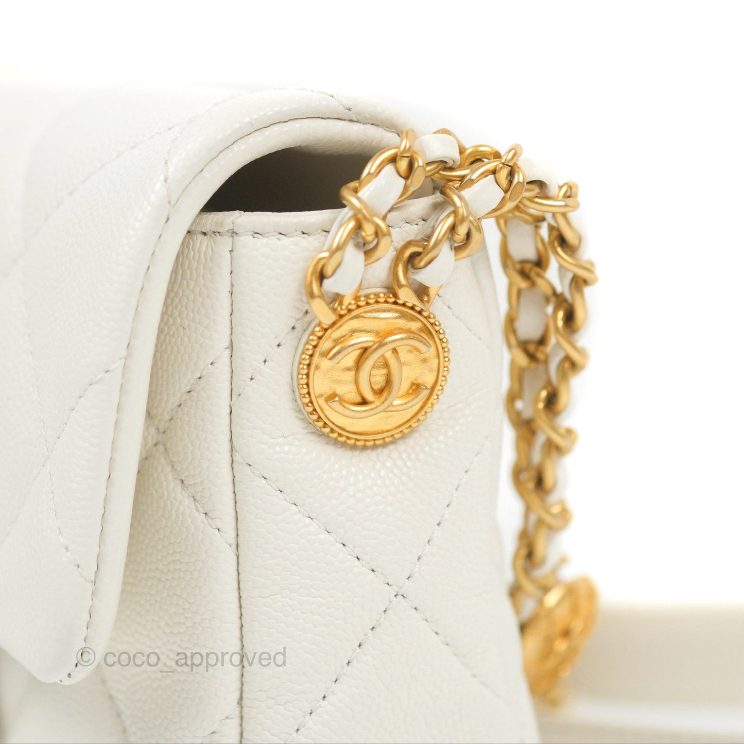Chanel Mini Flap with Coin Charm White Caviar Aged Gold Hardware 22A