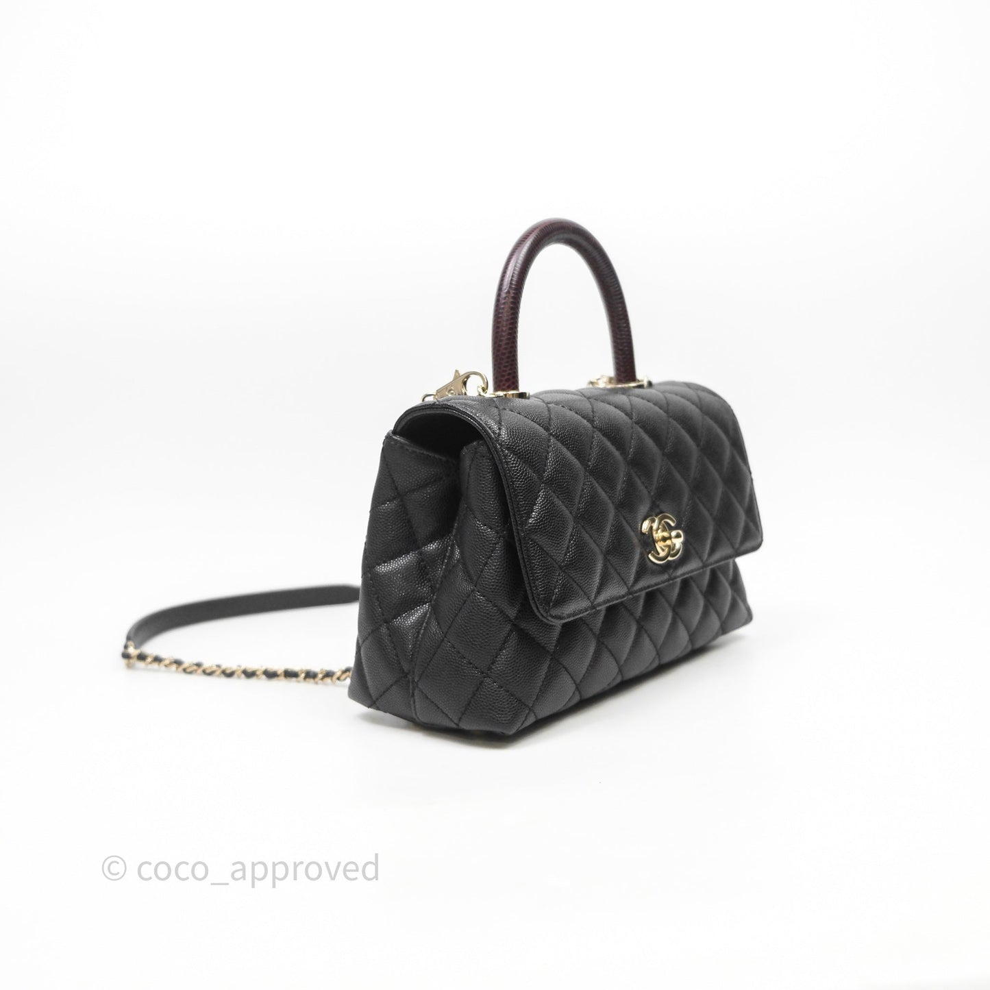 Chanel Mini Coco Handle Quilted Black Caviar Light Gold Hardware Lizard Embossed Handle