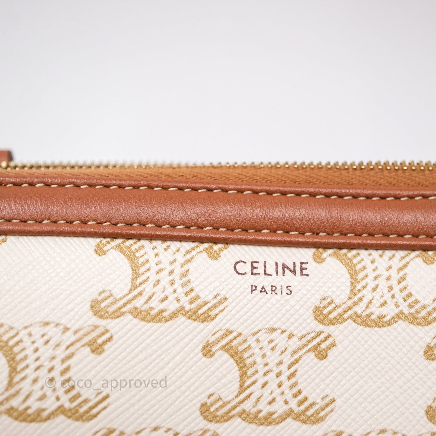 Celine Clutch With Chain Triomphe Canvas Lambskin White/Tan