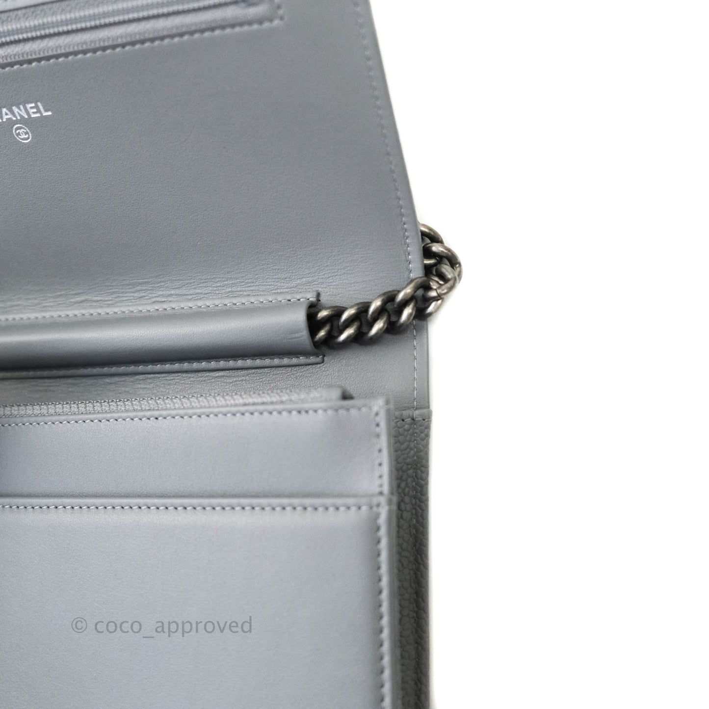 Chanel Chevron Boy Wallet on Chain WOC Grey Caviar Ruthenium Hardware