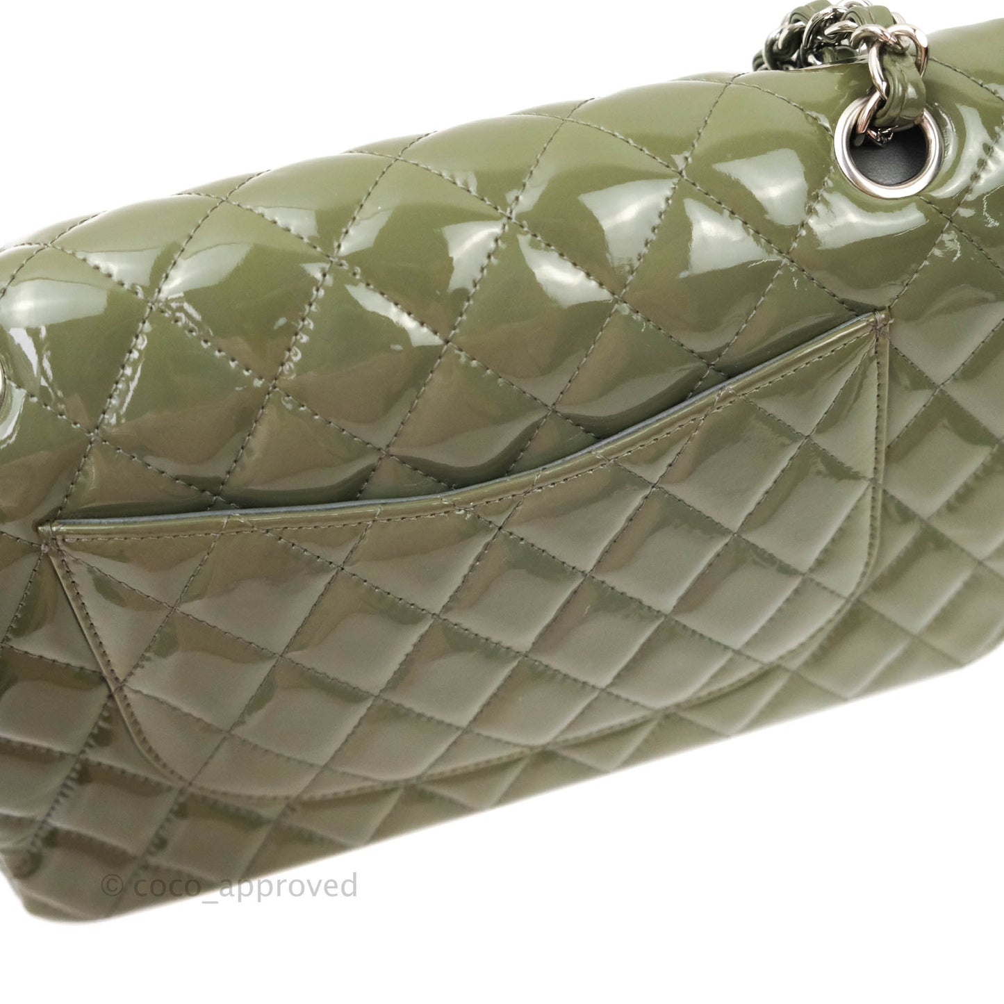 Chanel Classic M/L Medium Double Flap Olive Green Patent Silver Hardware