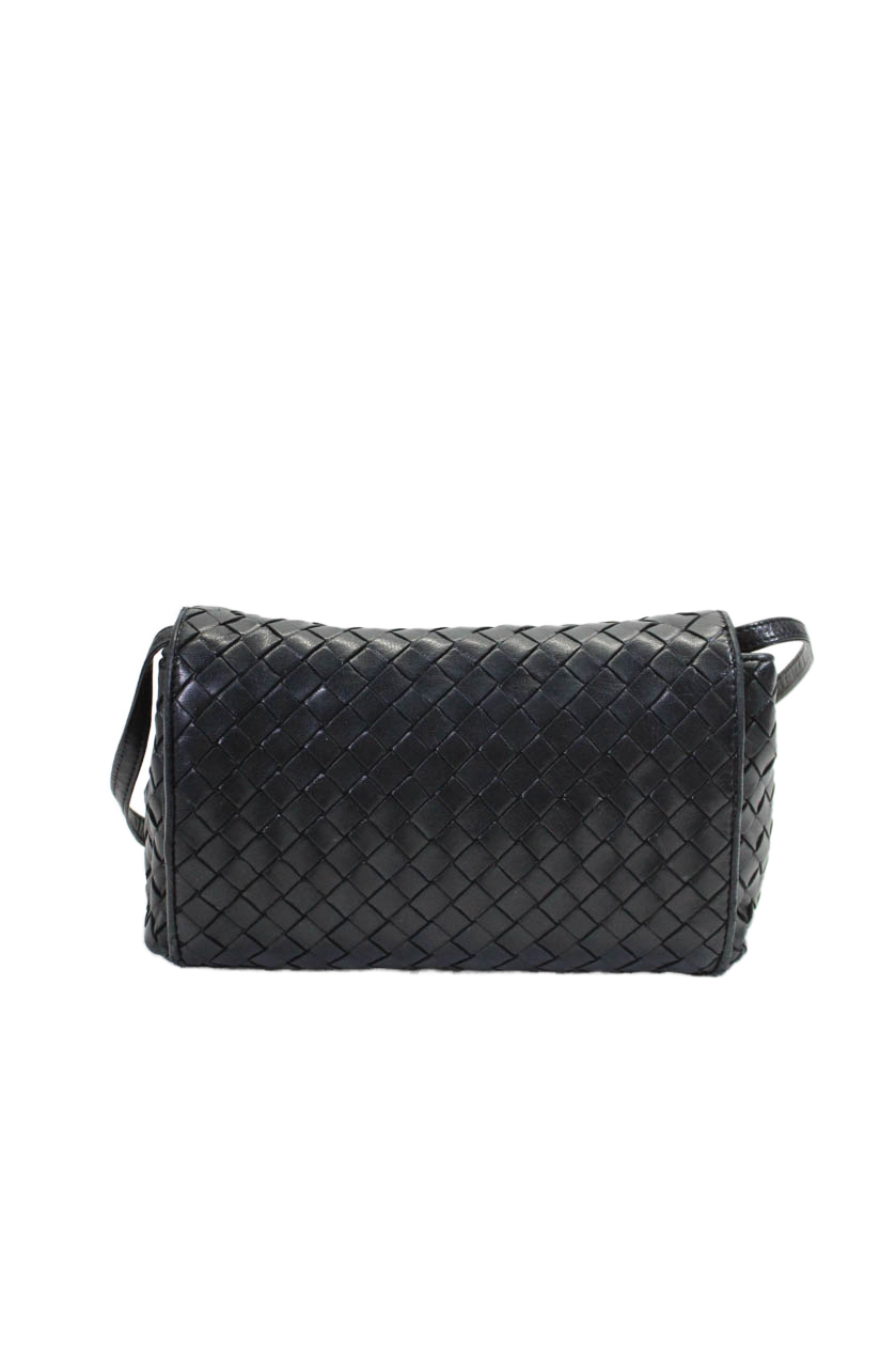 Luxury Bottega Veneta Womens Knotted Strap Nappa Intrecciato Crossbody Handbag Black