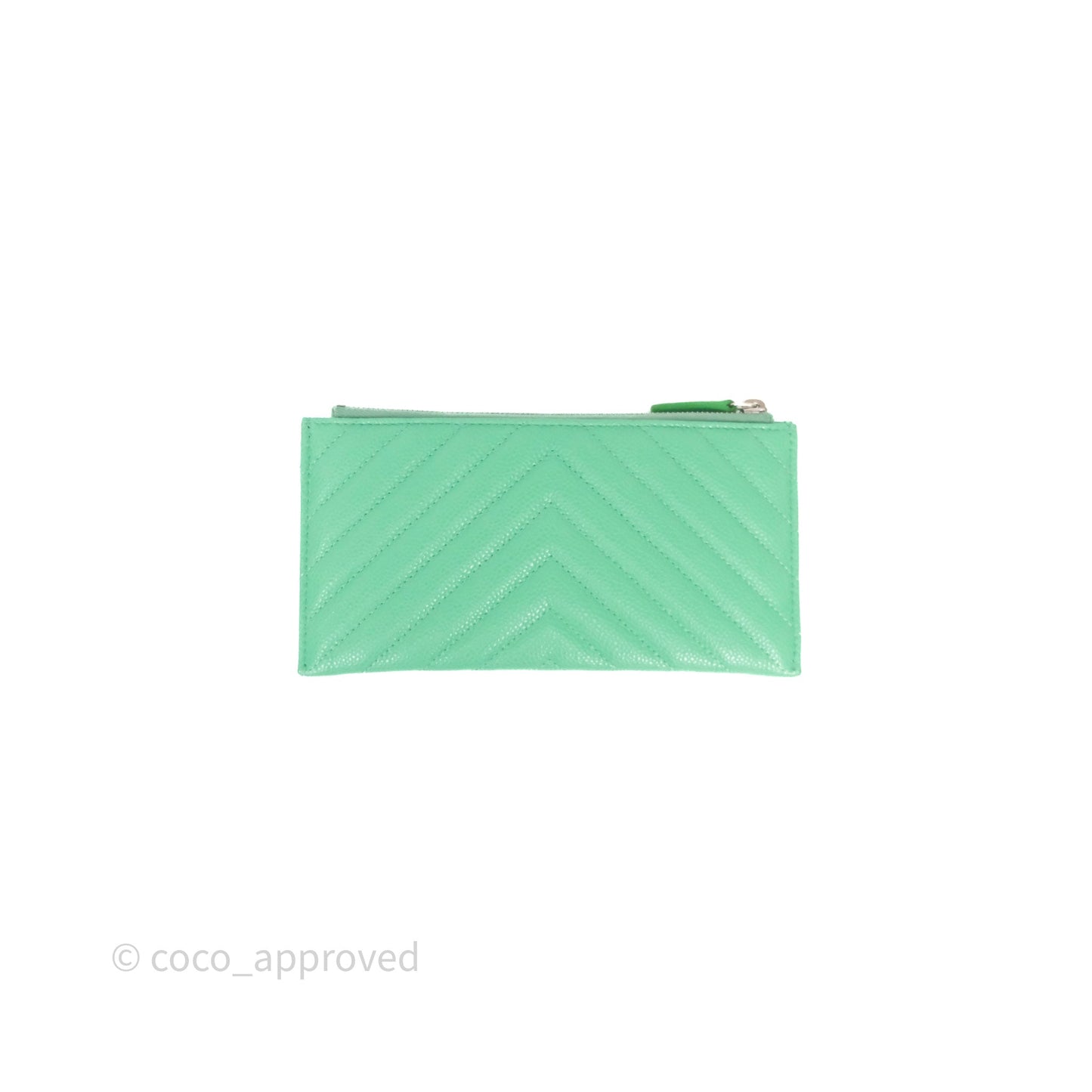 Chanel Long Zip Chevron Green Wallet Silver Hardware