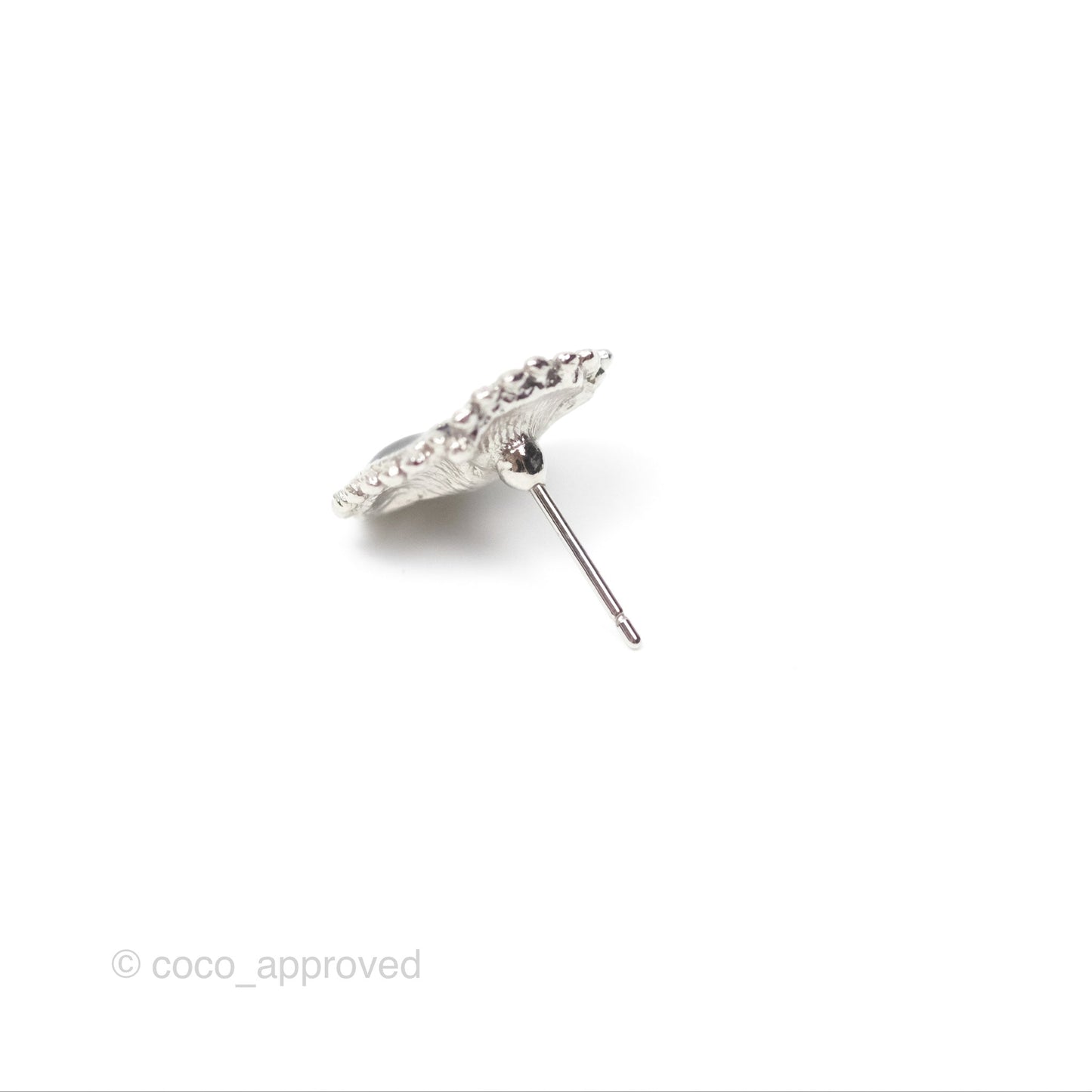 Chanel Flower Pearl Black Earrings Silver Tone 23K