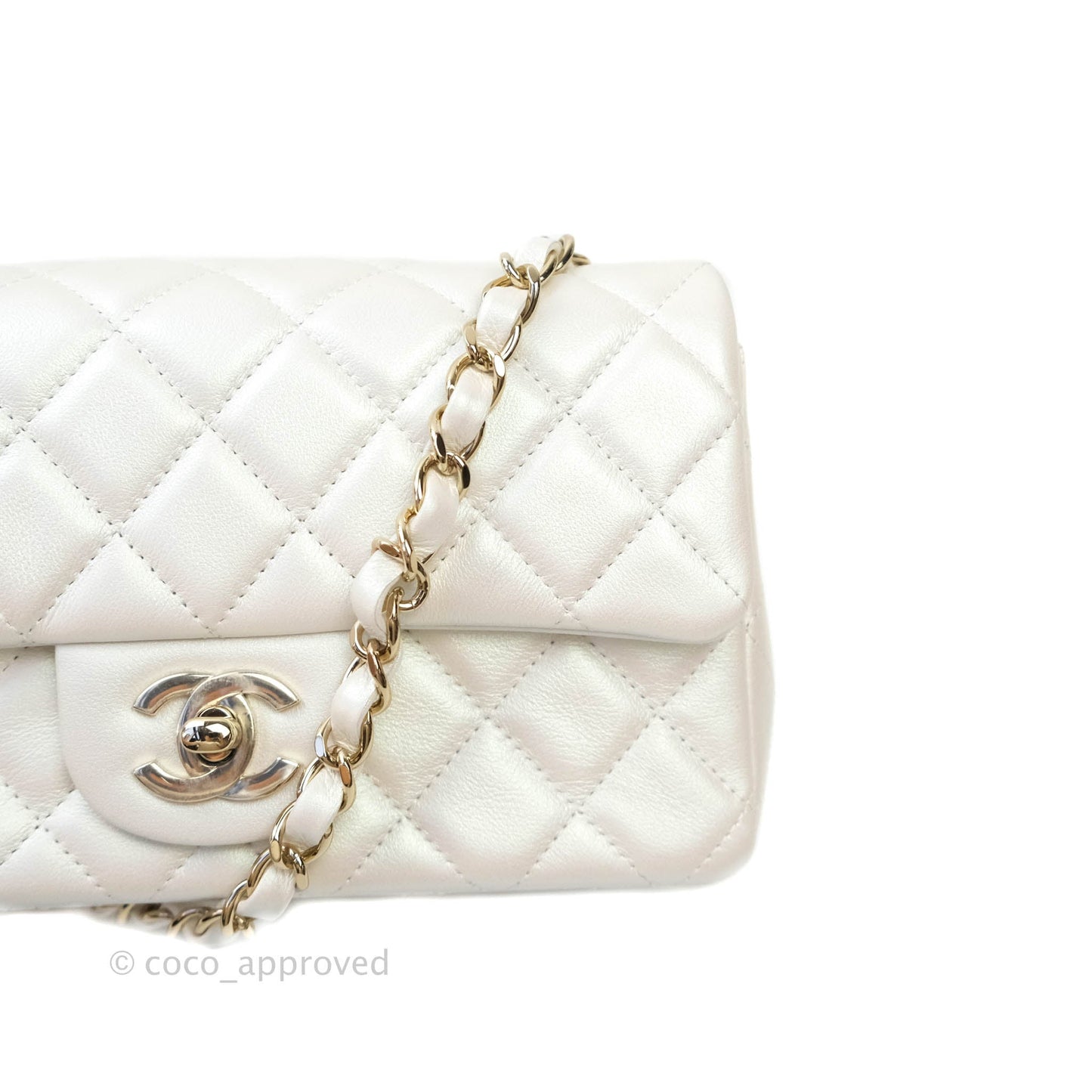 Chanel Quilted Mini Rectangular Iridescent White Lambskin Gold Hardware