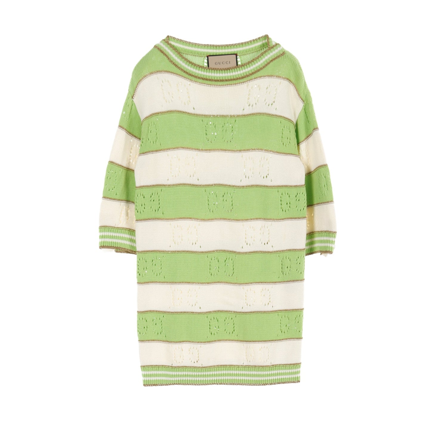 Luxury Gucci Trending 2025 Knit dress Three-quarter sleeve Cotton Yellow-green Off white Gold