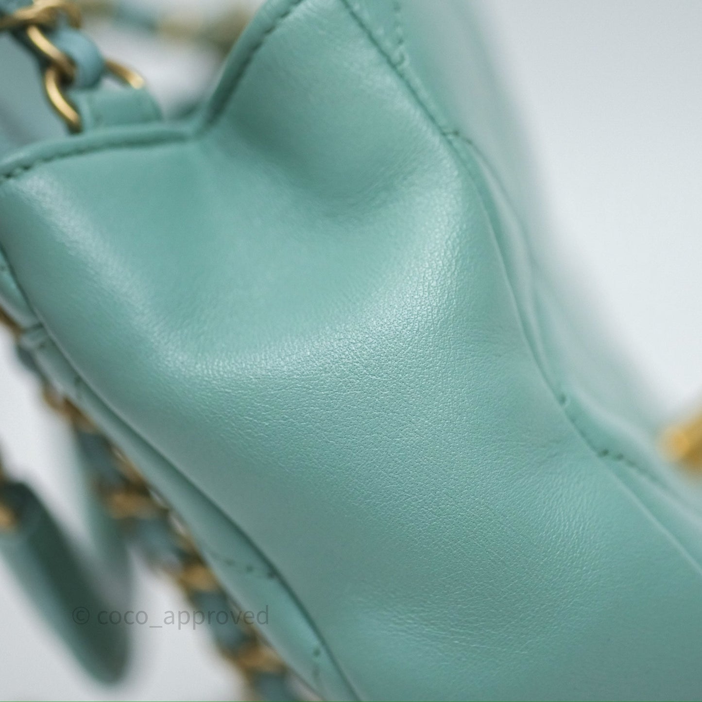 Chanel Quilted Small Circular Handle Bag Mint Green Aged Gold Hardware