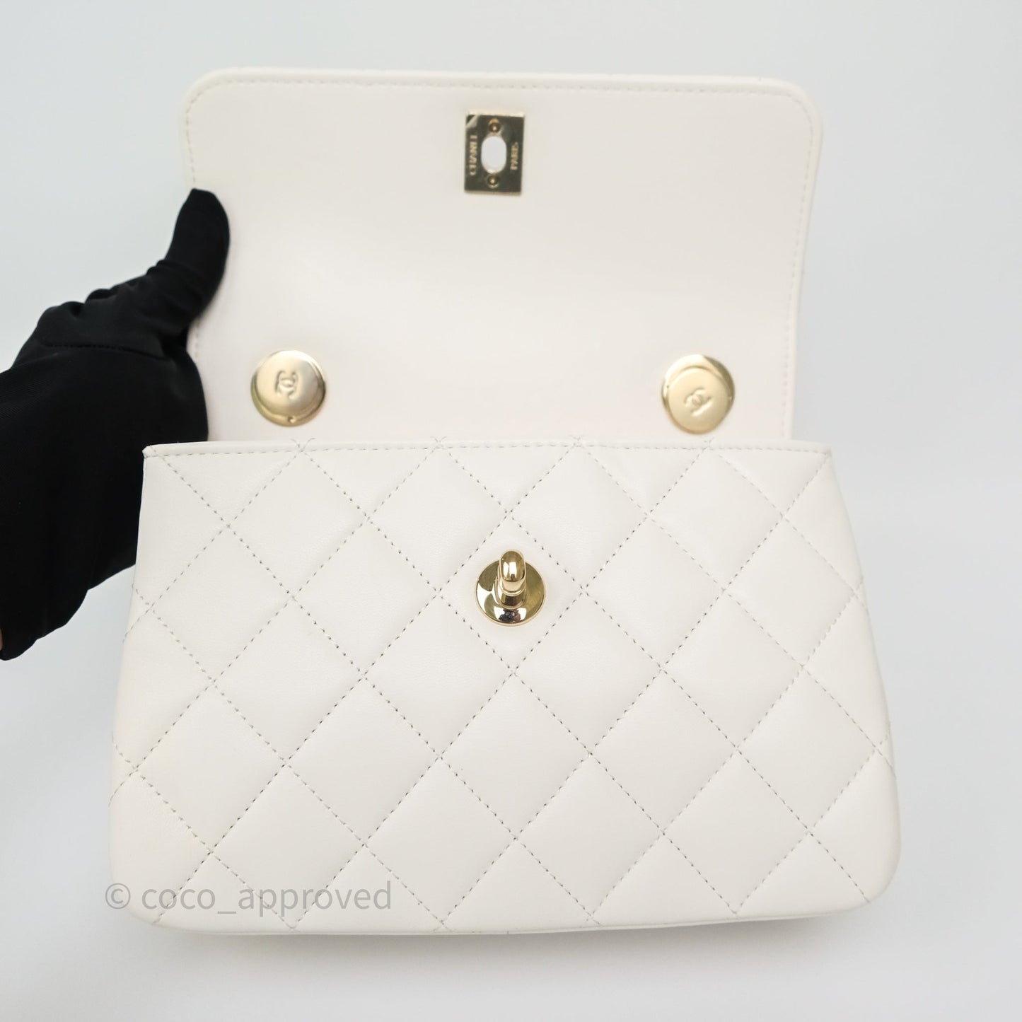 Chanel Mini Trendy CC Handle Bag Lacquered Logo White Lambskin