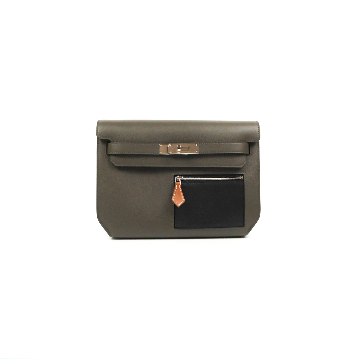 Hermès Kelly Depeches 25 Pouch Vert-De-Gris / Noir / Fauve Evercolor Evergrain & Barenia Calfskin