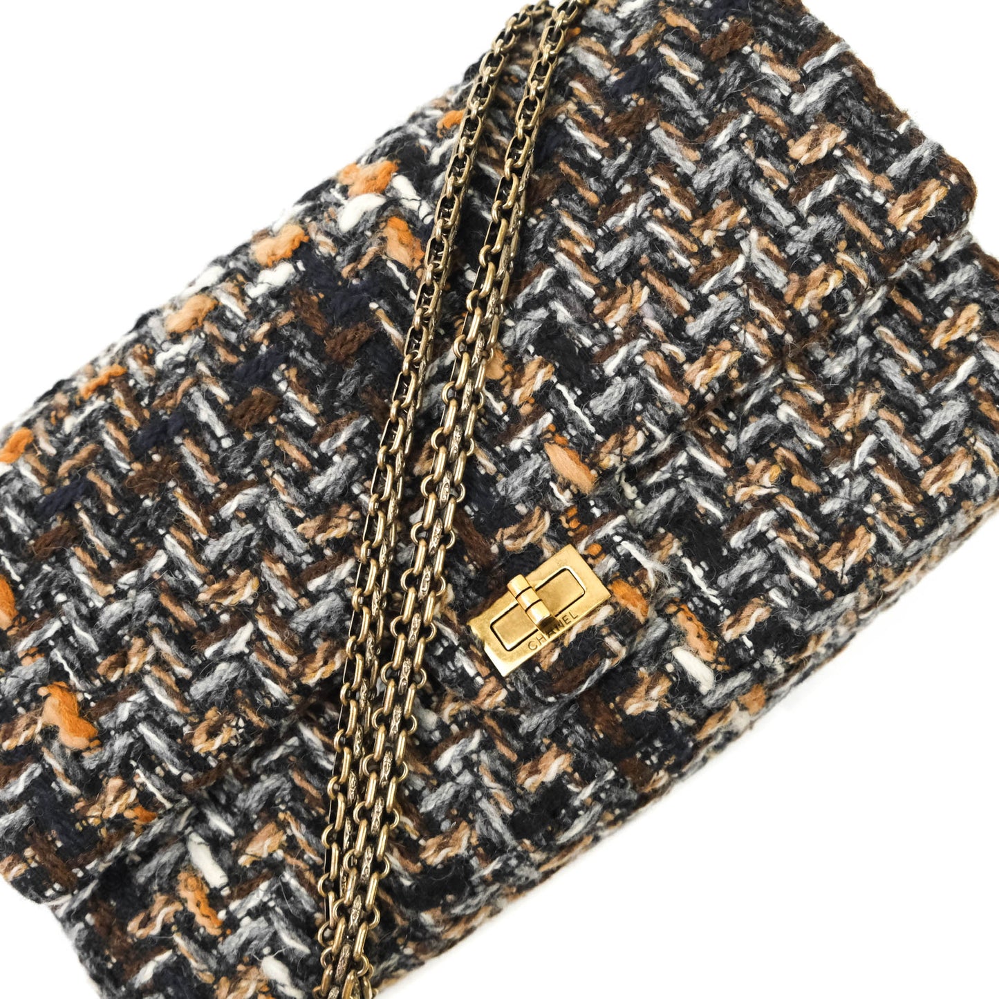 Chanel Quilted Reissue 226 Tweed Navy Brown Aged Gold Hardware