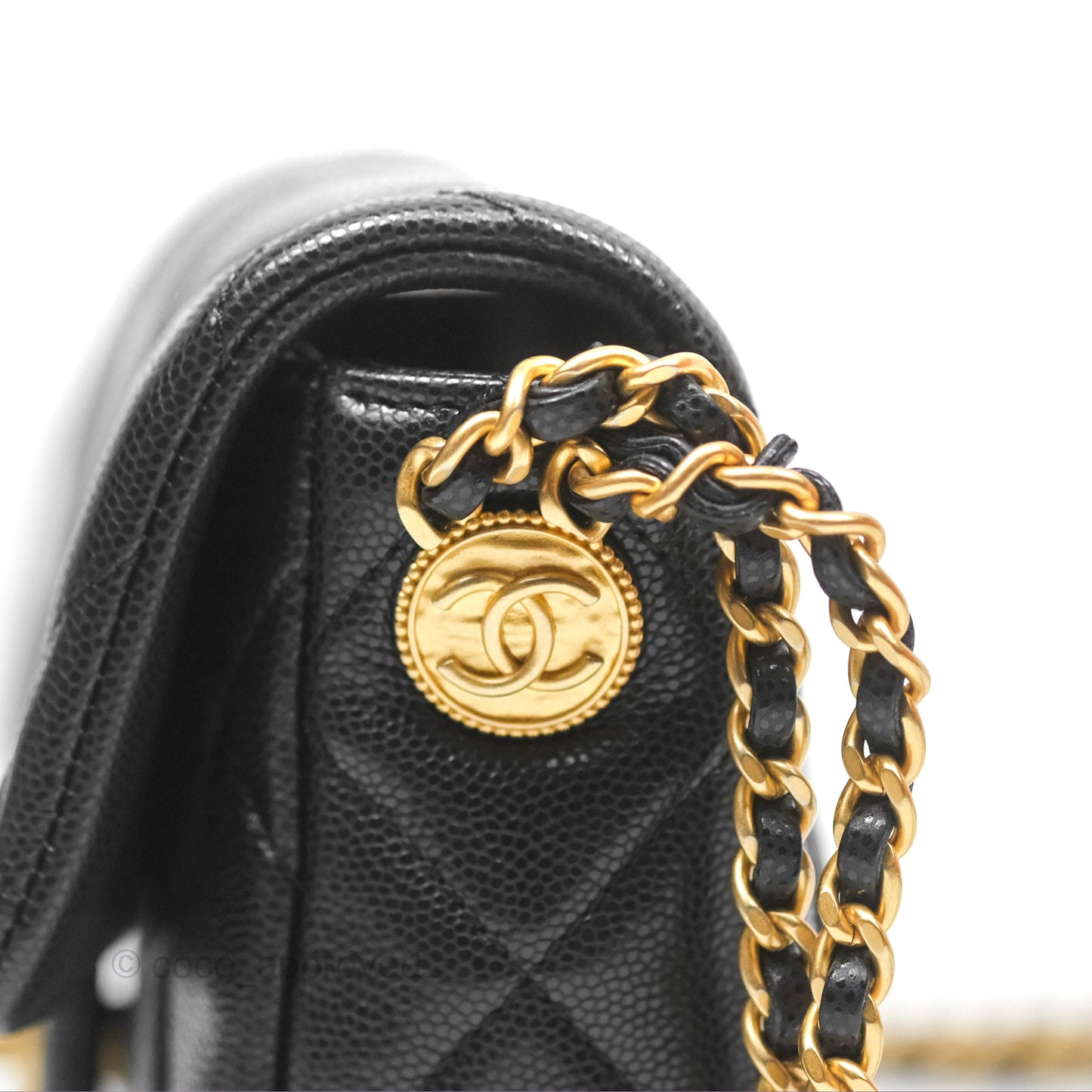 Chanel Mini Flap with Coin Charm Black Caviar Aged Gold Hardware 22A