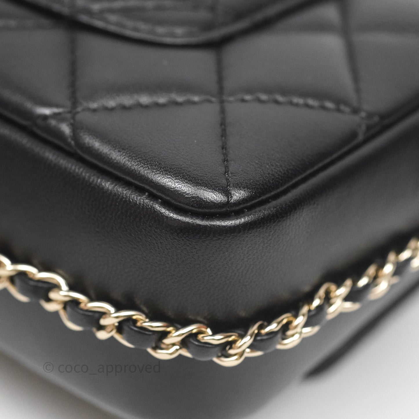Chanel Logo Pearl Chain Flap Bag Black Lambskin Gold Hardware