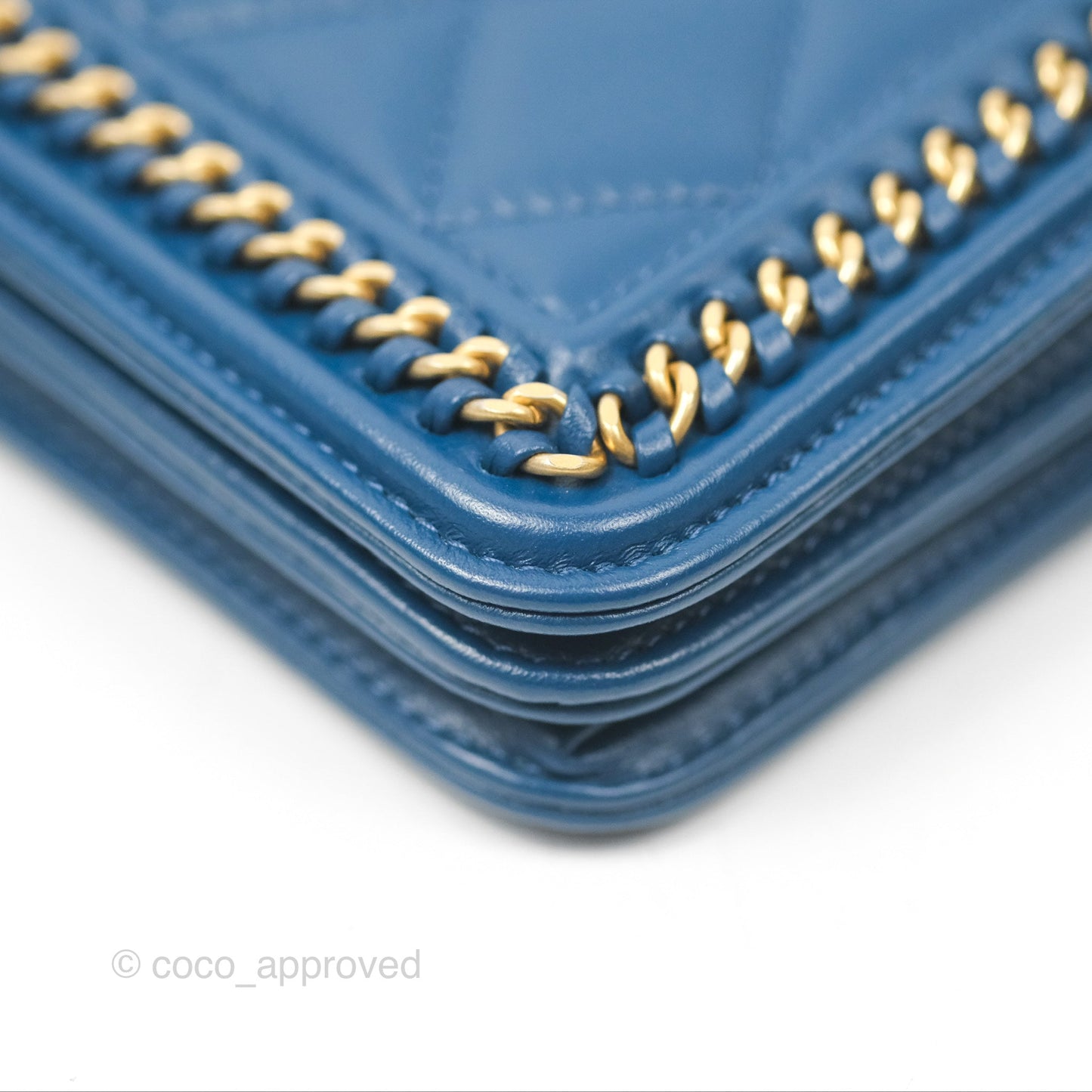 Chanel Quilted Boy Wallet on Chain WOC Blue Calfskin Aged Gold Hardware