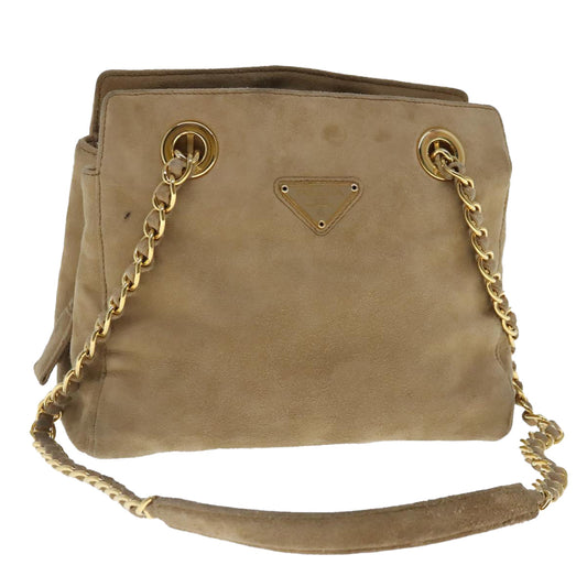 Luxury Prada Chain Shoulder Bag Suede Beige Gold  94408