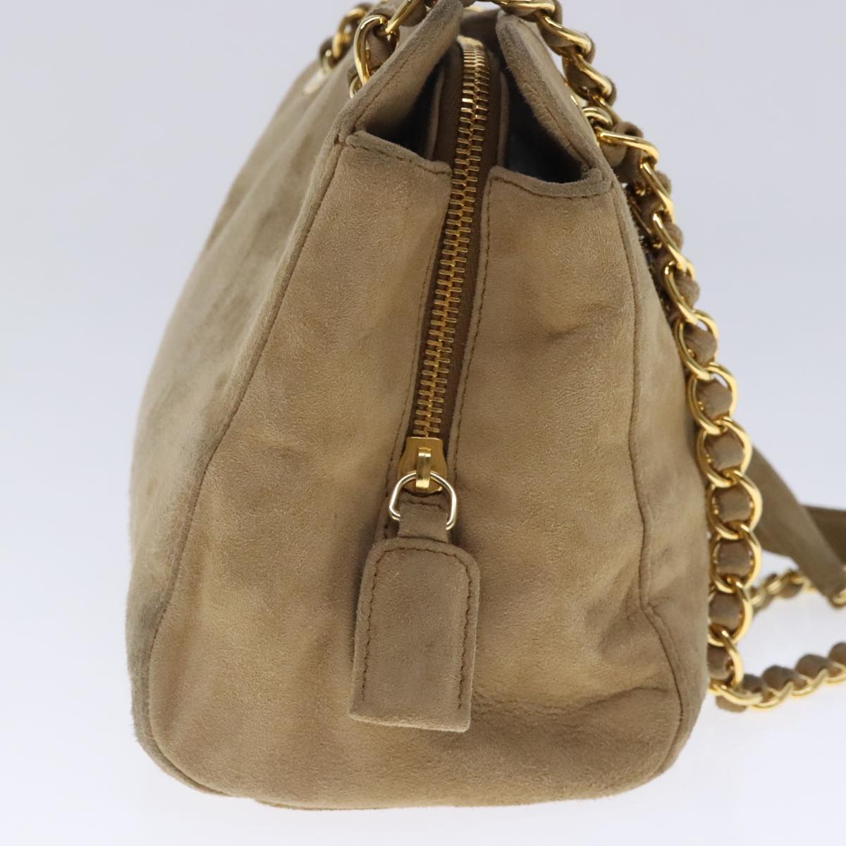 Luxury Prada Chain Shoulder Bag Suede Beige Gold  94408