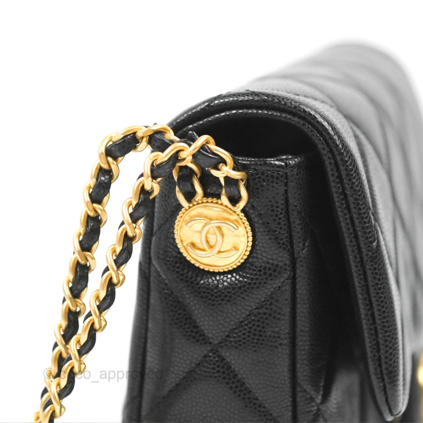 Chanel Small Flap with Coin Charm Black Caviar Aged Gold Hardware 22A
