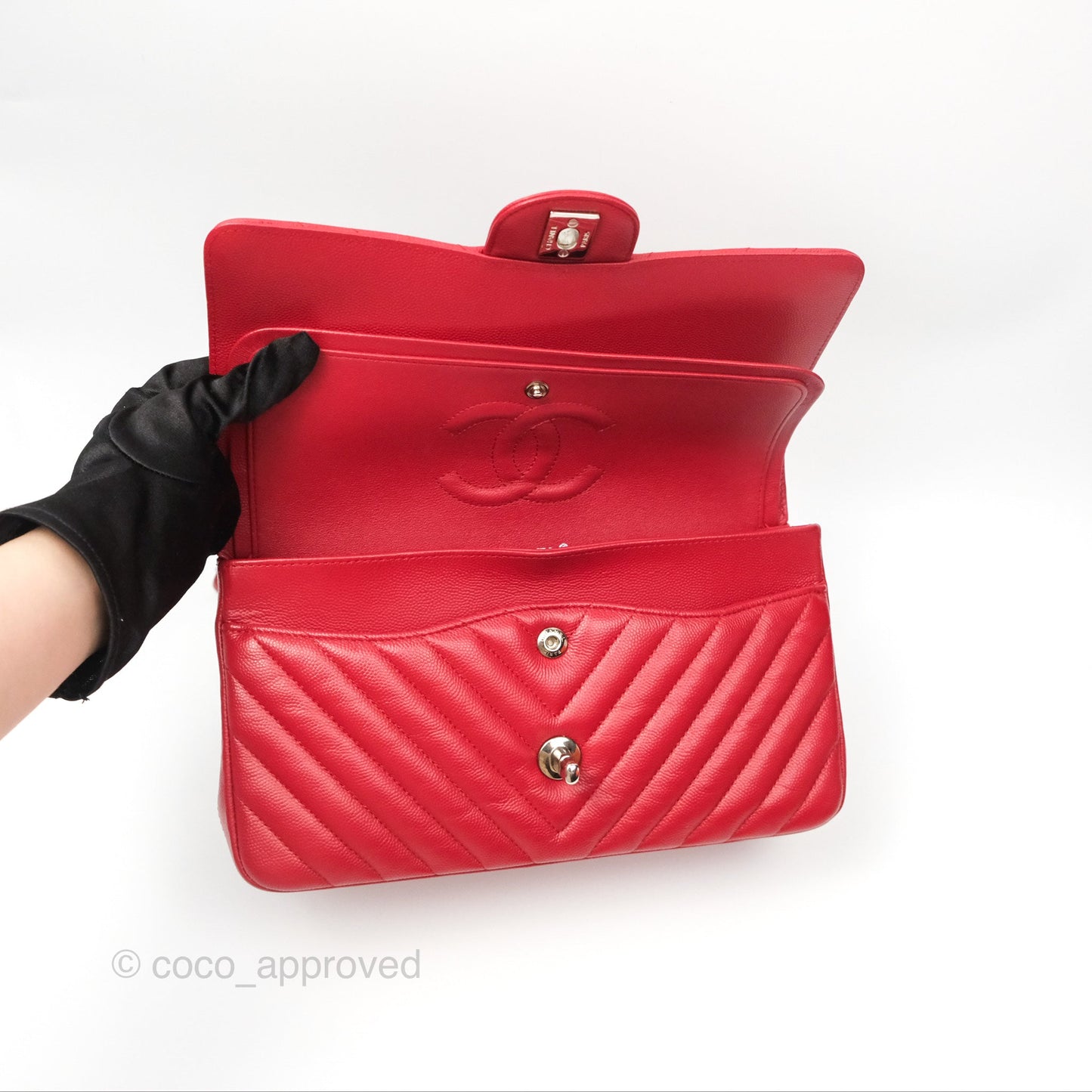 Chanel Medium Classic Flap Chevron Red Caviar Silver Hardware