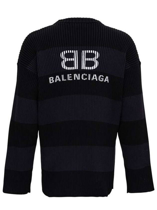 Luxury Balenciaga Back BB Logo Stripe Cotton Knit Top Black