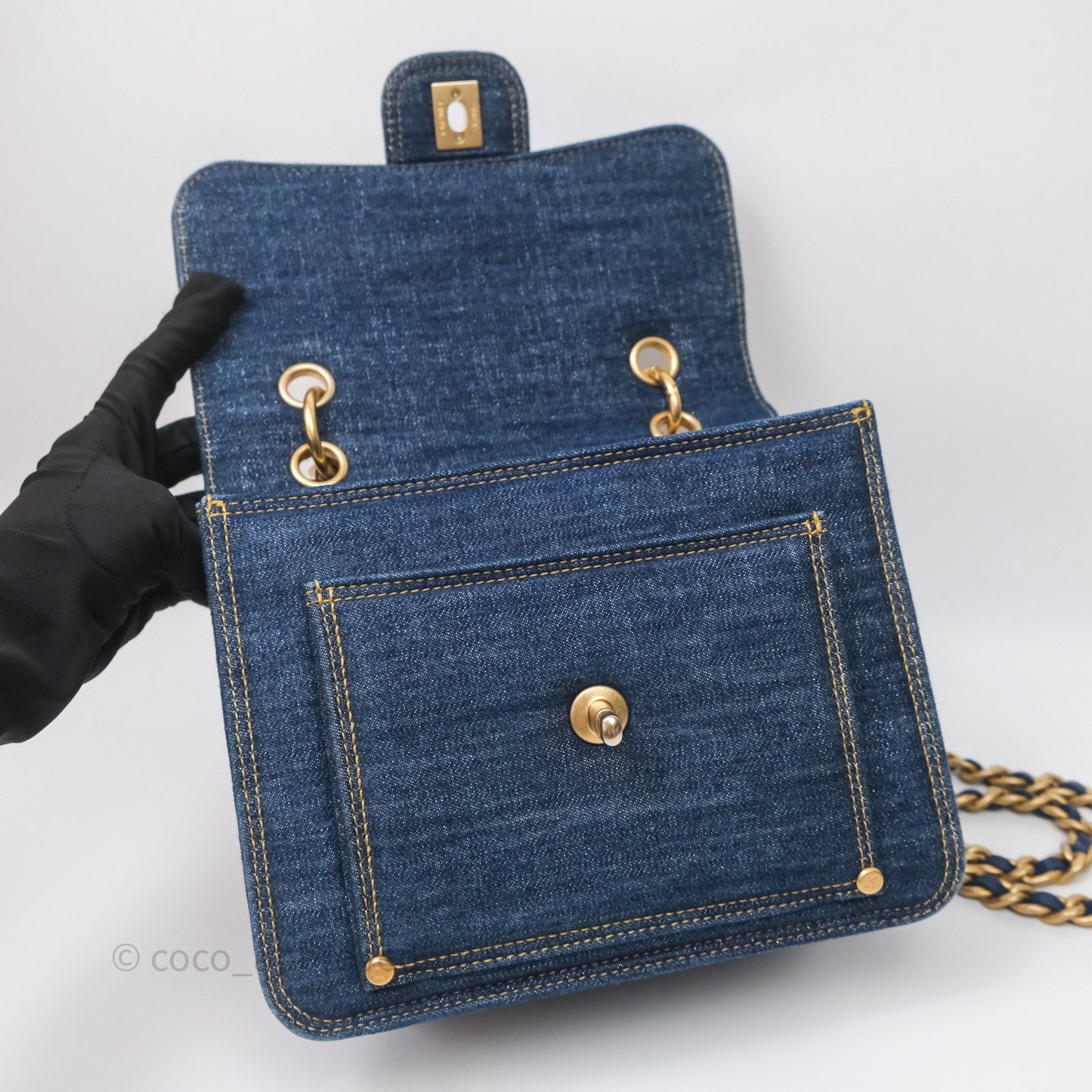Chanel Square Flap Bag Denim Aged Gold Hardware