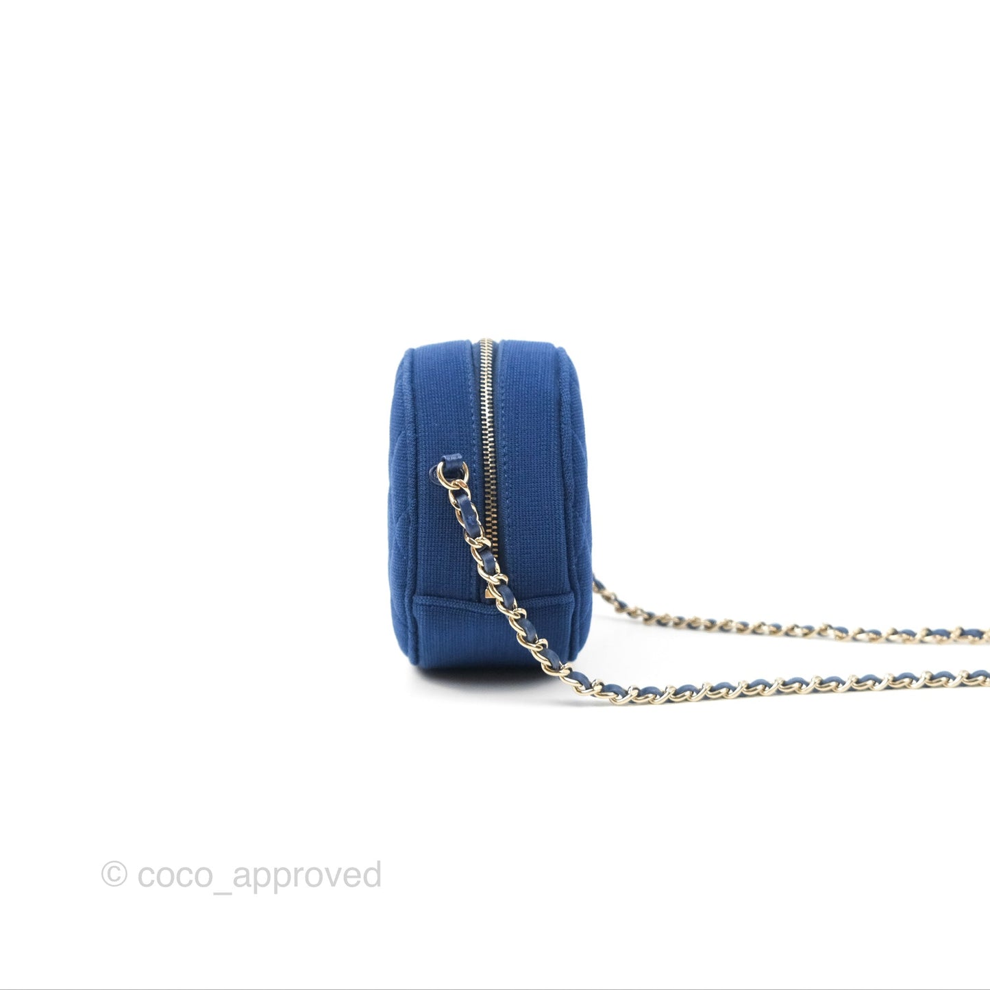 Chanel Classic Quilted Round Clutch With Chain Dark Blue Cotton Gold Hardware