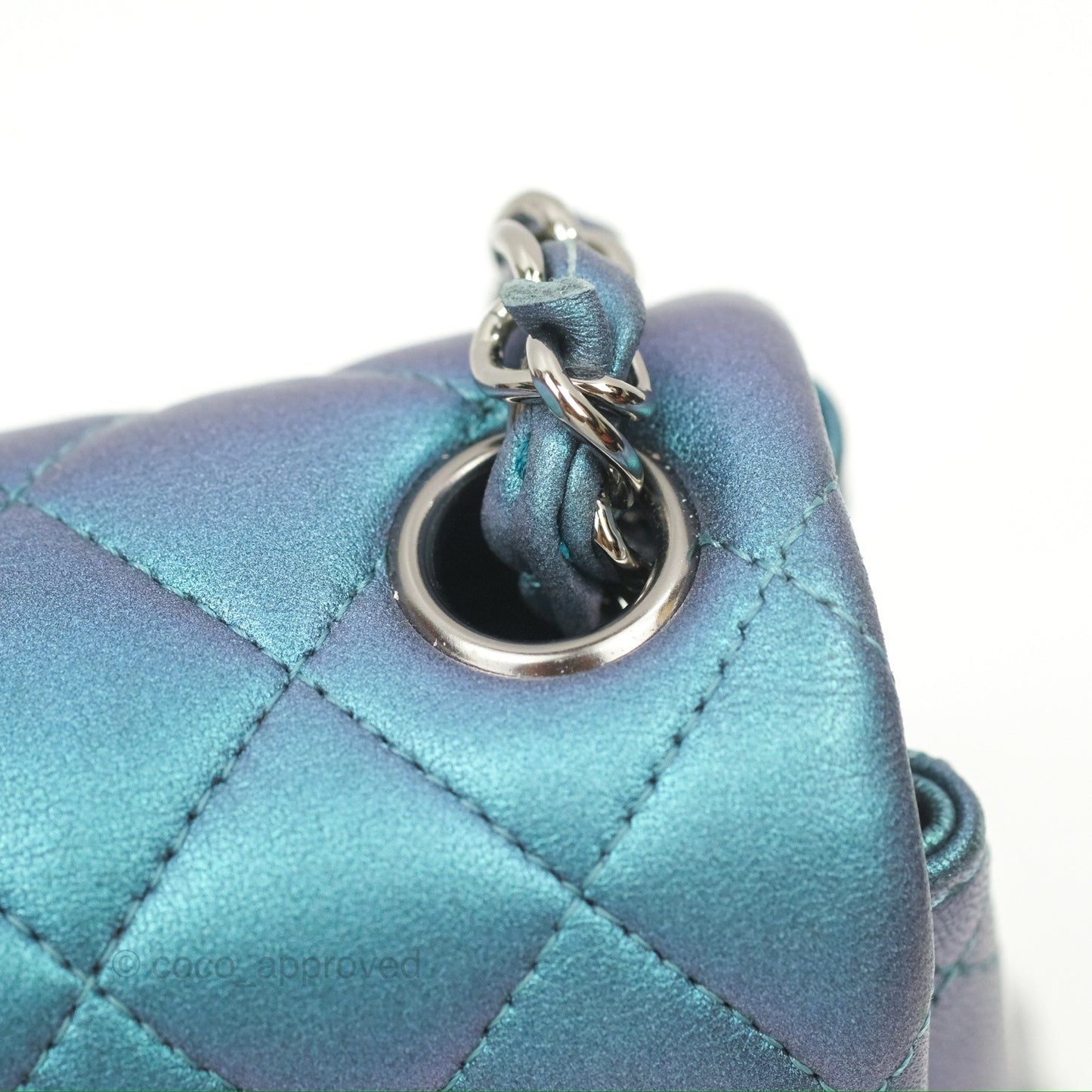 Chanel Mini Square Flap Quilted Iridescent Teal Lambskin Gun Metal