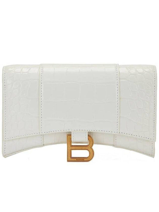 Luxury Balenciaga Hourglass Chain Crocodile Embossed Calfskin Medium Wallet White
