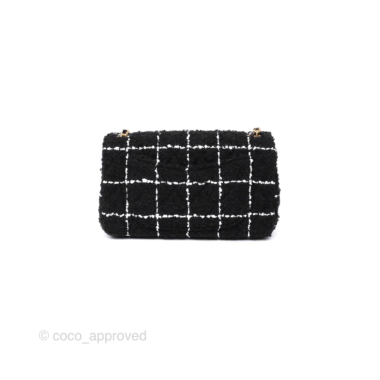 Chanel Pearl Crush Mini Rectangular Grid Black White Tweed Aged Gold Hardware