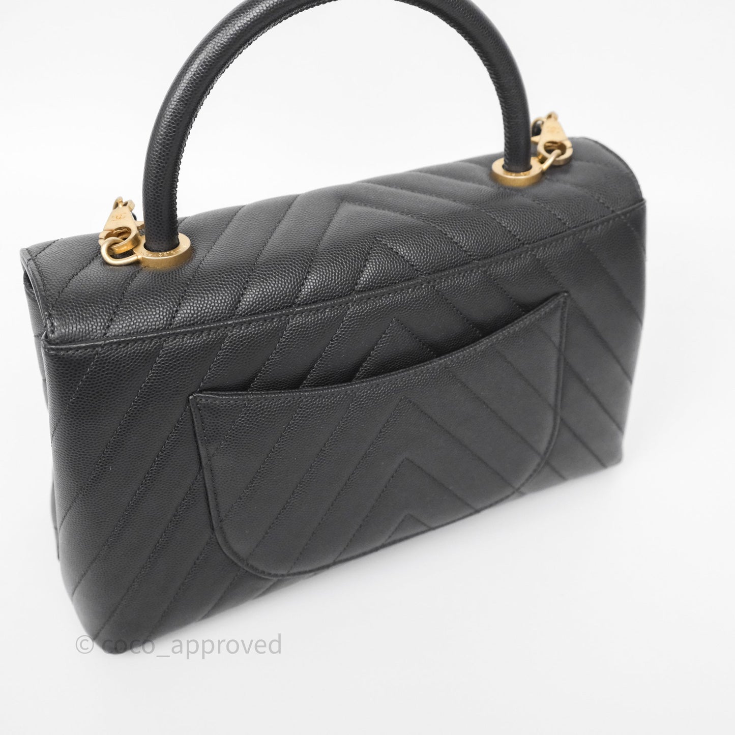 Chanel Medium Coco Handle Chevron Dark Grey Caviar Aged Gold Hardware