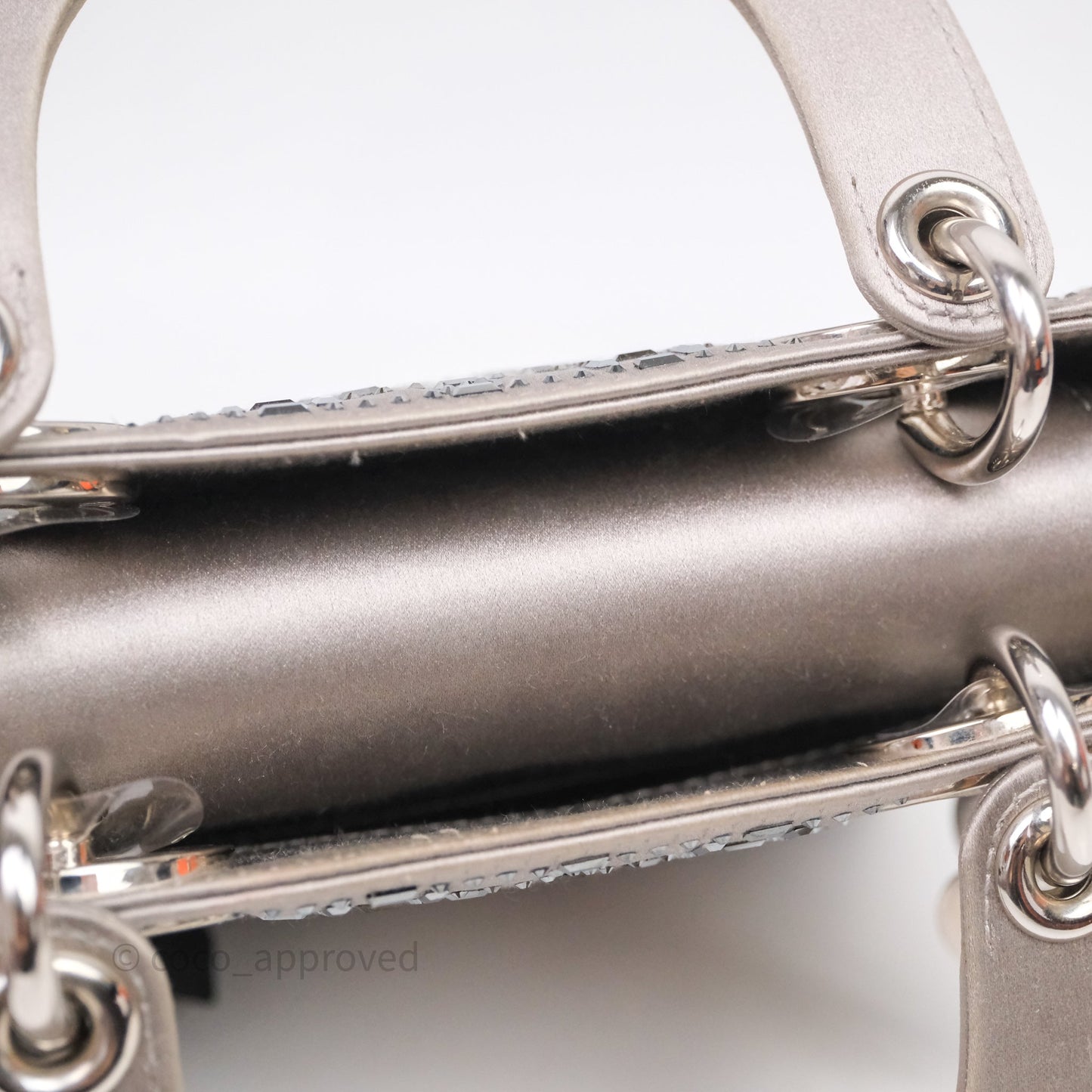 Christian Dior Mini Lady Dior Bag Grey Strass Cannage Satin Silver Hardware