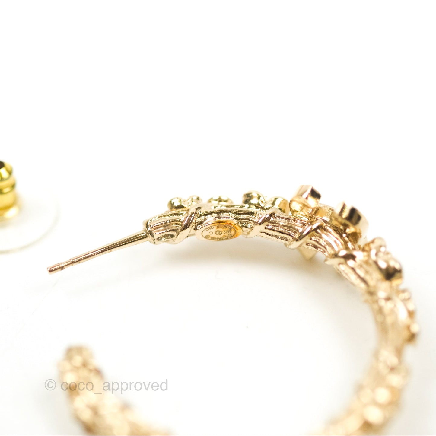 Chanel CC Crystal Camellia Hoop Earrings Gold Tone 22C