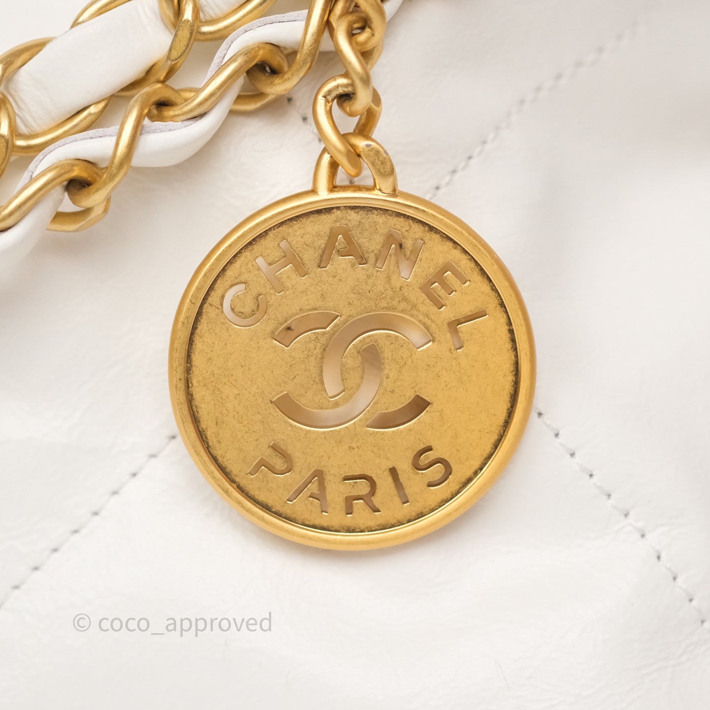 Chanel 22 Small White Aged Calfskin Black Logo Aged Gold Hardware