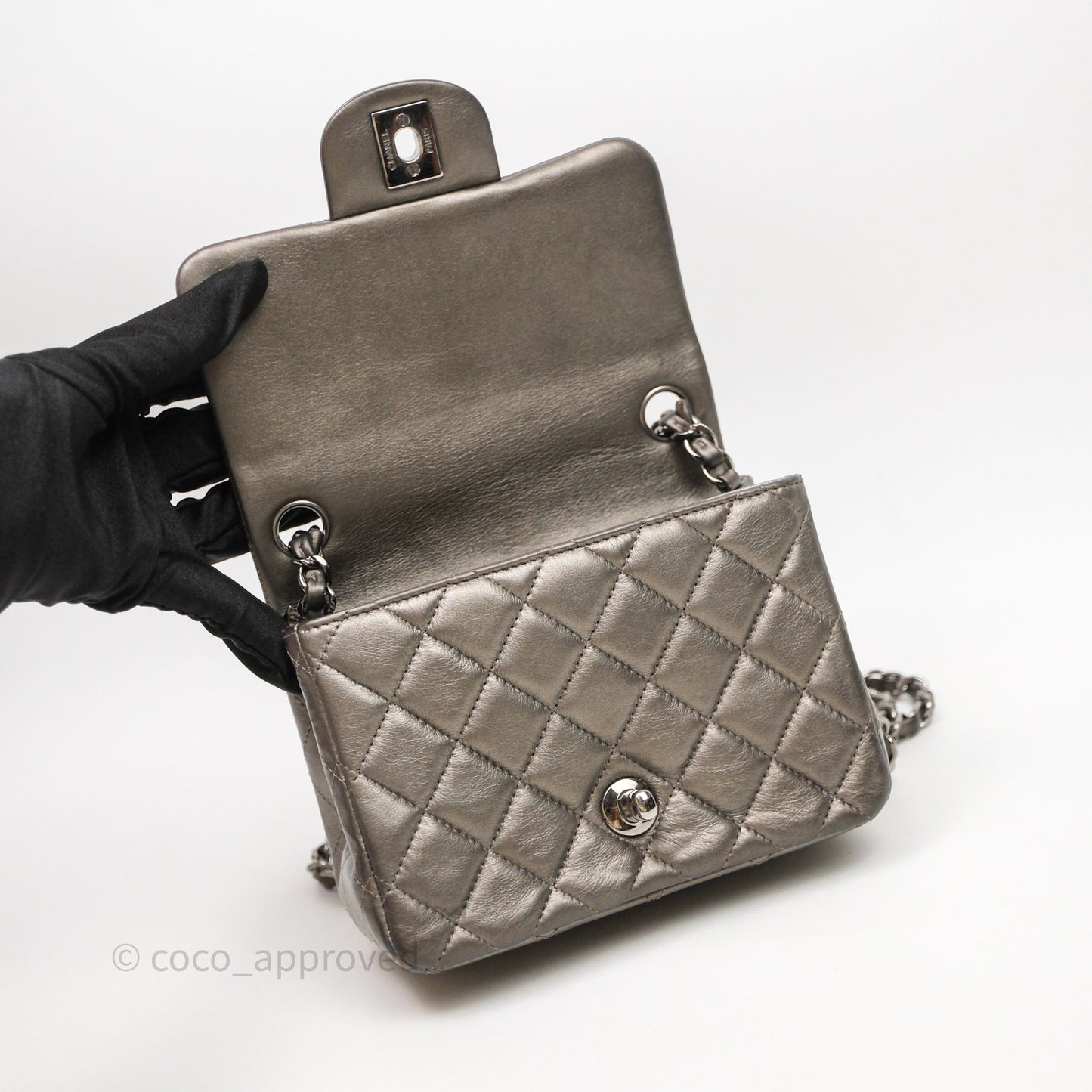 Chanel Mini Square Metallic Dark Grey Lambskin Dark Silver Hardware