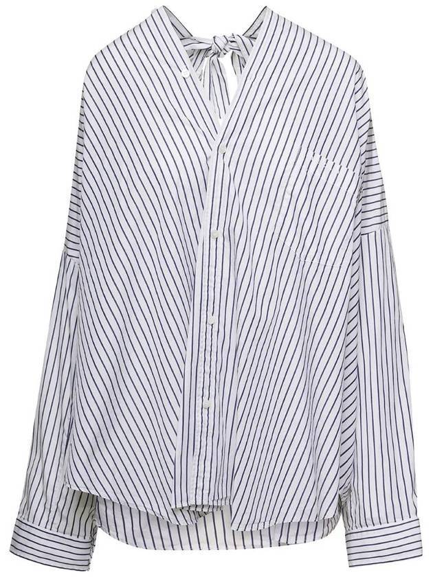 Luxury Balenciaga Knotted Poplin Oversized Long Sleeve Shirt White Blue