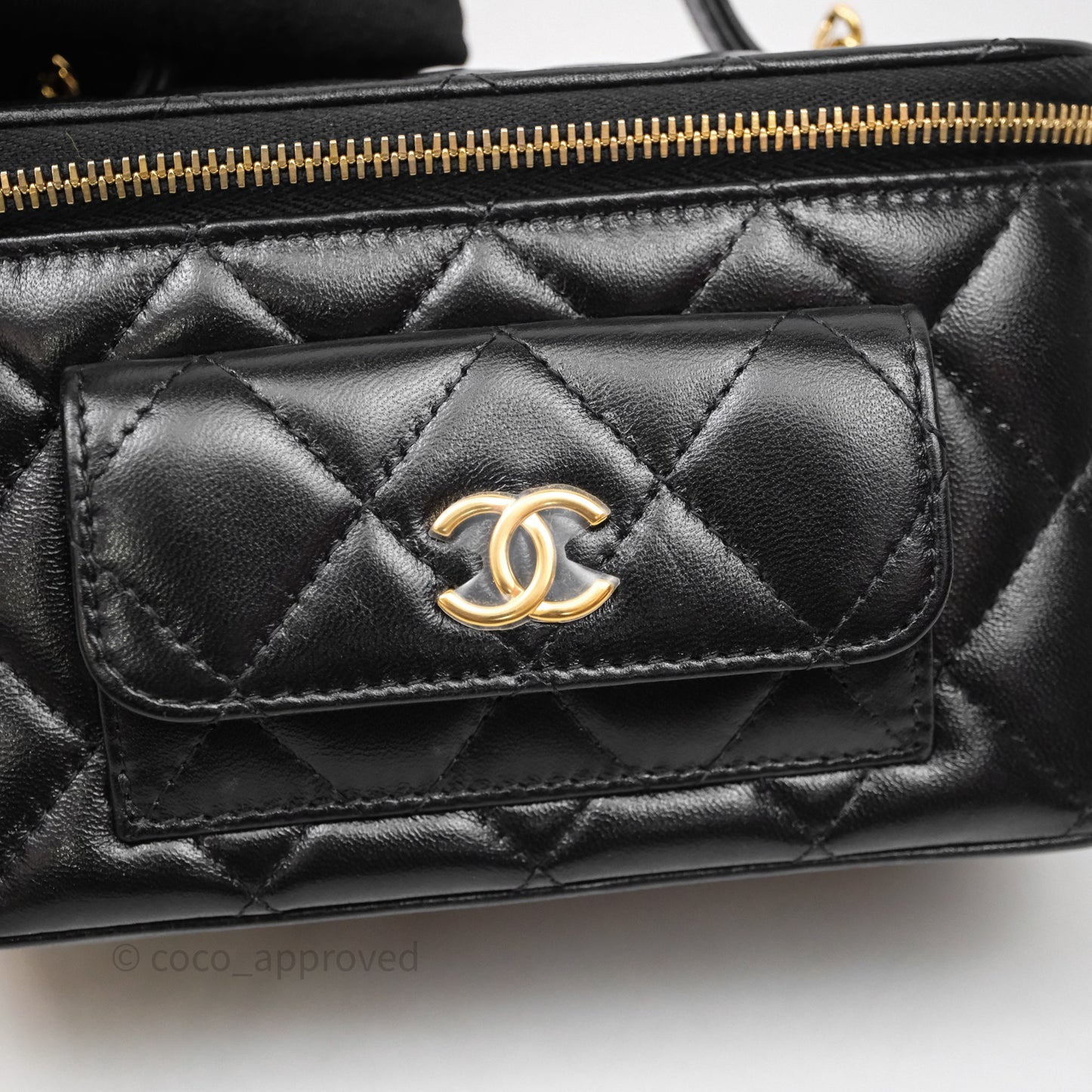 Chanel Quilted Top Handle Pocket Vanity Case Black Shiny Lambskin Bag Gold Hardware