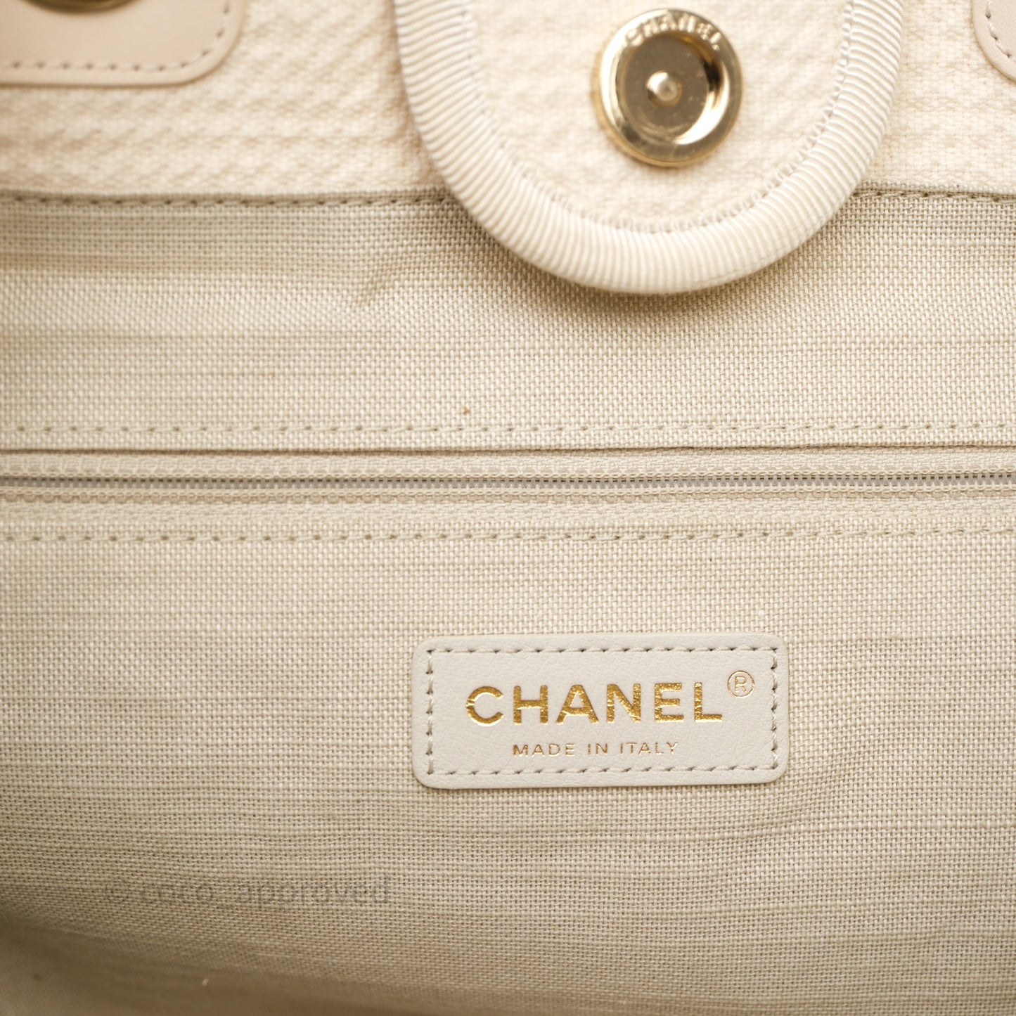 Chanel New Small Deauville Cream Ivory Canvas Light Gold Hardware