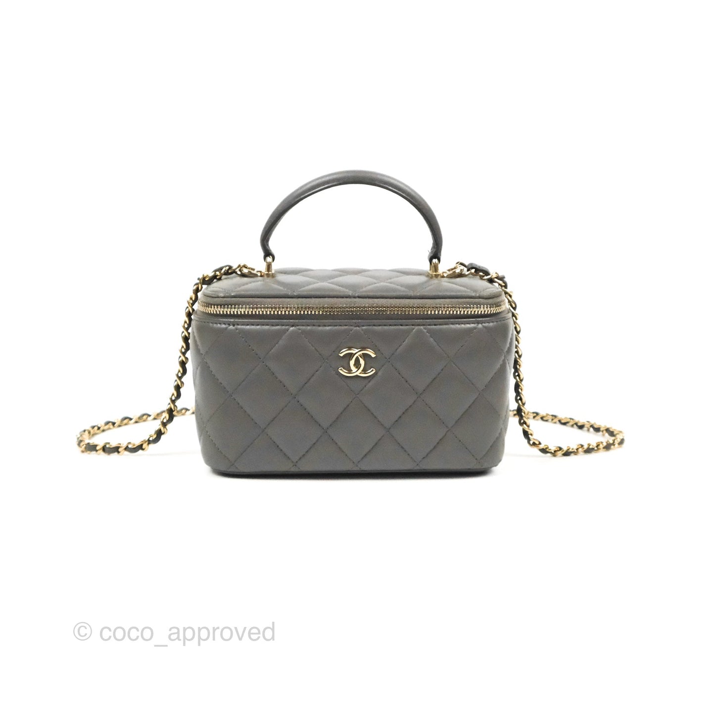 Chanel Vanity Rectangular Top Handle Dark Grey Lambskin Gold Hardware