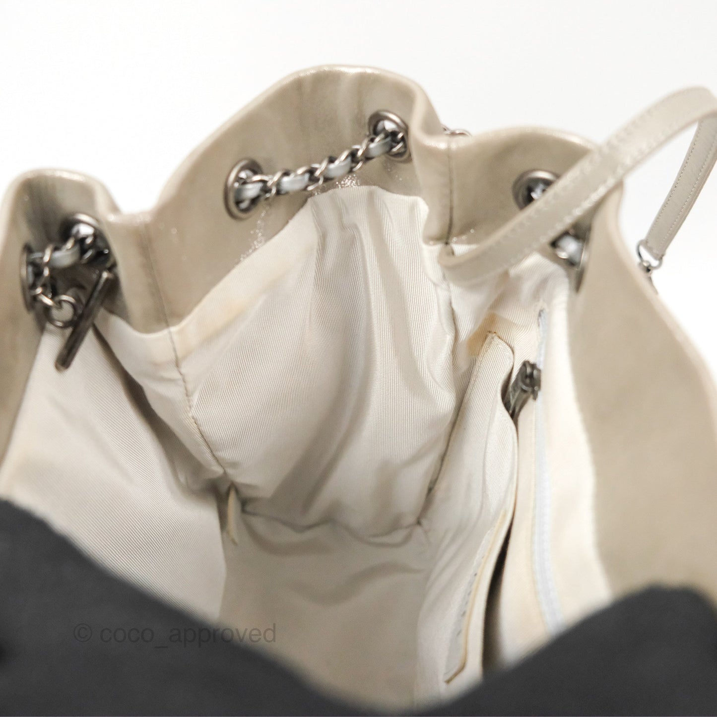 Chanel Small Urban Spirit Drawstring Bag Chevron Iridescent Silver Calfskin