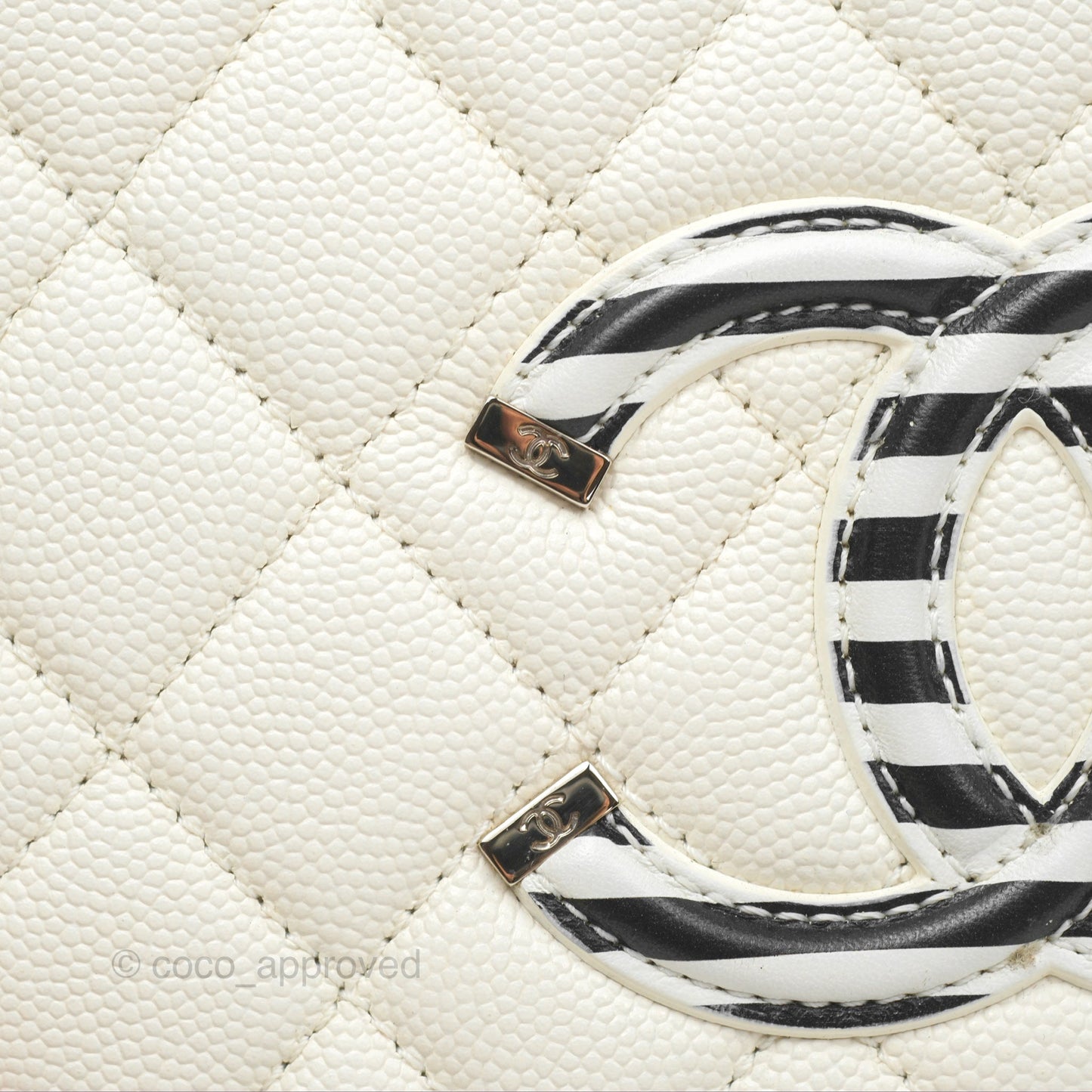 Chanel Quilted Medium CC Filigree Vanity Case White Black Stripe Caviar Silver Hardware
