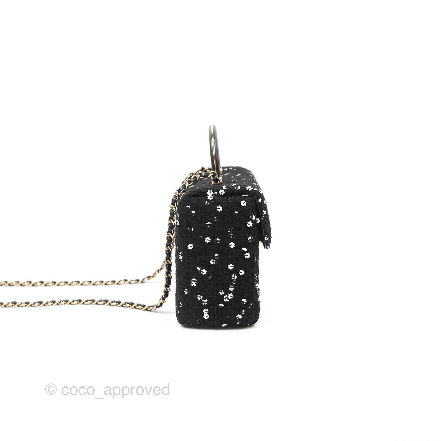 Chanel Small Top Handle Box Bag Black Tweed Sequins Gold Hardware 23K
