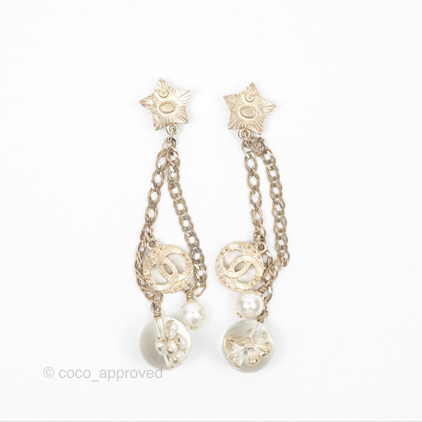 Chanel Star Crystal CC Pearl Ball Drop Earrings Gold Tone 19K
