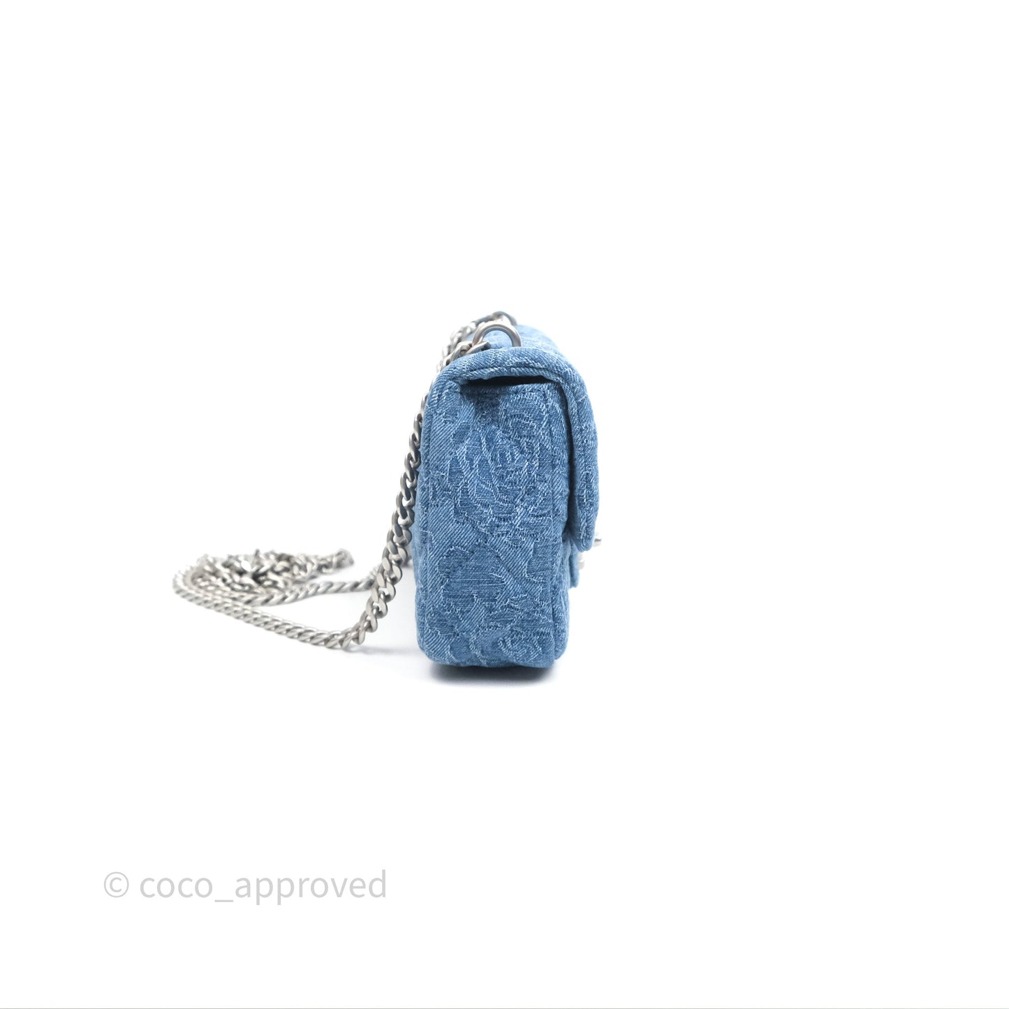 Chanel Quilted Camellia Printed Heart Crush Mini Flap Bag Blue Denim Aged Silver Hardware