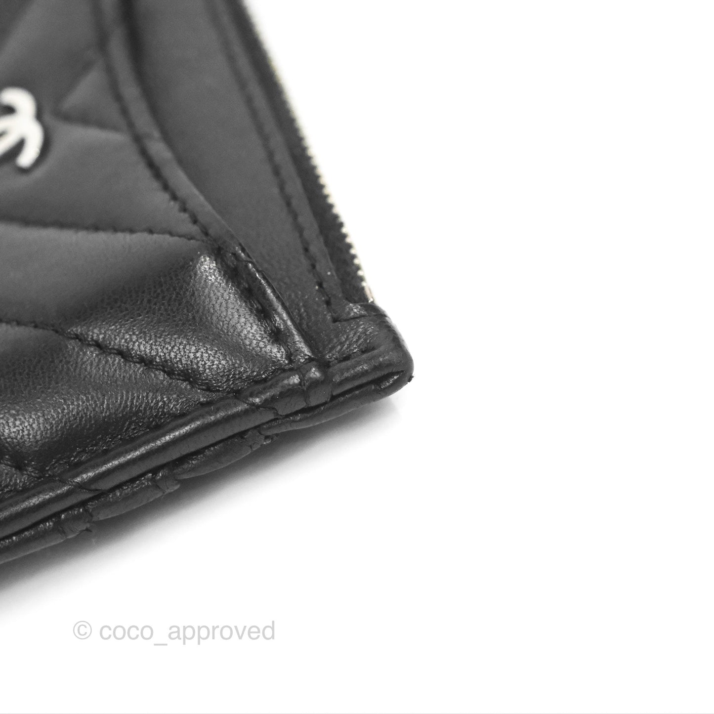 Chanel Chevron CC Zipped Card Holder Black Lambskin Silver Hardware