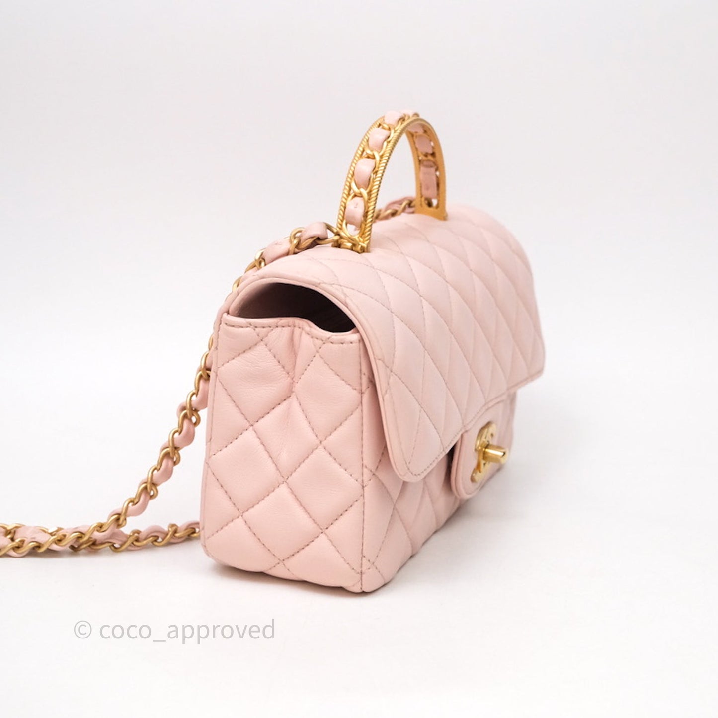 Chanel Top Handle Mini Rectangular Flap Bag Pink Lambskin Aged Gold Hardware