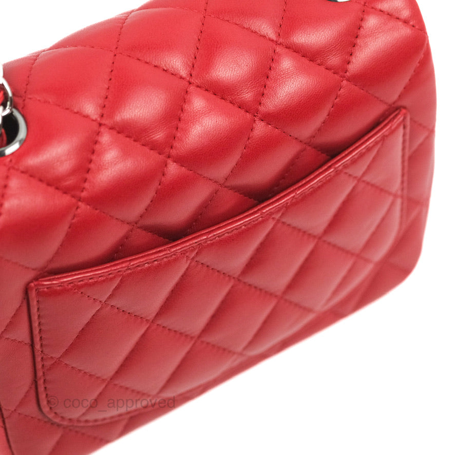 Chanel Quilted Mini Square Red Lambskin Gun Metal